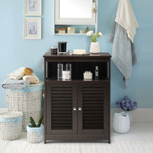 Load image into Gallery viewer, Brown Farmhouse Bathroom Linen Cabinet with Louvered Doors and Open Shelf