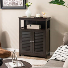 Load image into Gallery viewer, Brown Farmhouse Bathroom Linen Cabinet with Louvered Doors and Open Shelf