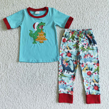 Load image into Gallery viewer, Dinosaur embroidery cotton shirt pants kids boy Christmas pajamas