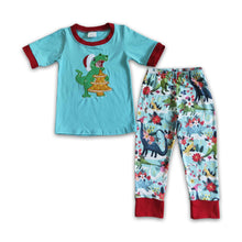 Load image into Gallery viewer, Dinosaur embroidery cotton shirt pants kids boy Christmas pajamas