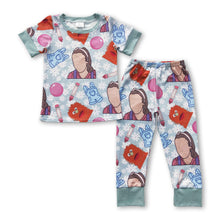 Load image into Gallery viewer, Pencil blue overalls teacher print baby kids pajamas