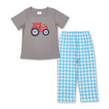 Load image into Gallery viewer, Short sleeves truck heart top plaid pants boy clothes