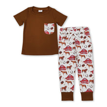 Load image into Gallery viewer, Brown pocket horse farm top pants boy clothing set