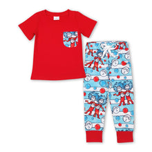 Load image into Gallery viewer, Red pocket shirt cat hat stripe pants boy clothing set