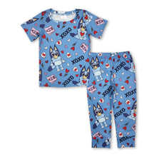Load image into Gallery viewer, Blue short sleeves dog heart baby kids valentine's pajamas