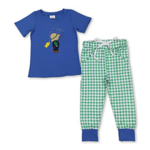 Load image into Gallery viewer, Short sleeves blue fishing top plaid pants boys clothing set