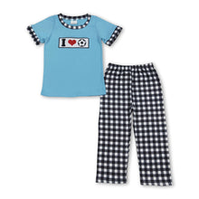 Load image into Gallery viewer, I love soccer embroidery top plaid pants boys clothes