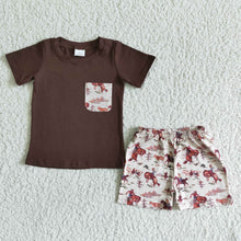 Load image into Gallery viewer, Brown cotton shirt horse shorts boy summer clothing