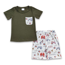 Load image into Gallery viewer, Olive pocket shirt farm print shorts kids boy clothes