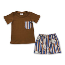 Load image into Gallery viewer, Brown cotton pocket shirt stripe bull skull shorts boy clothes