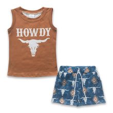 Load image into Gallery viewer, Howdy sleeveless shirt bull skull shorts boy outfits