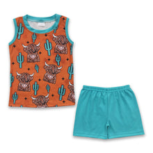 Load image into Gallery viewer, Highland cow cactus shirt cotton shorts kids boy clothes