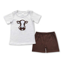 Load image into Gallery viewer, Cow embroidery shirt brown shorts boy summer clothes