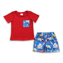 Load image into Gallery viewer, Red pocket top construction trucks shorts baby boy clothes