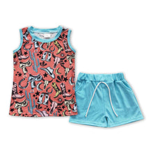 Load image into Gallery viewer, Sleeveless bull skull shirt turquoise shorts boy outfits