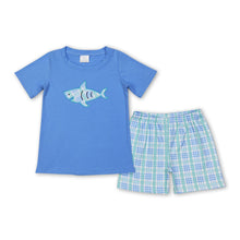 Load image into Gallery viewer, Short sleeves shark top plaid shorts boy summer clothes