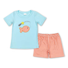 Load image into Gallery viewer, Orange plaid fishing top short kids boy summer clothes