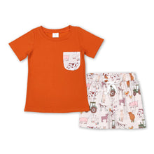 Load image into Gallery viewer, Brown pocket top cow pig chicken shorts boy farm clothes