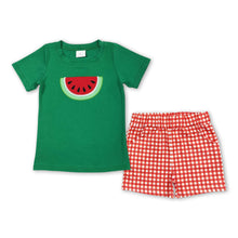 Load image into Gallery viewer, Green watermelon top plaid shorts boy summer clothes