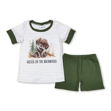 Load image into Gallery viewer, Grey stripe dog top olive shorts kids boys summer outfits