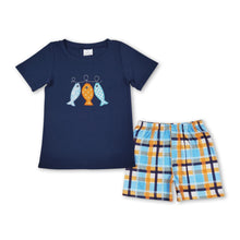 Load image into Gallery viewer, Navy fish top plaid shorts boys summer clothes