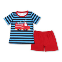Load image into Gallery viewer, Stripe short sleeves fire truck top shorts boys clothes