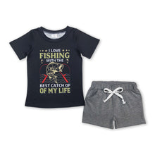 Load image into Gallery viewer, I love fishing top grey shorts boy clothing