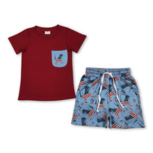 Load image into Gallery viewer, Red pocket top dinosaur shorts boys 4th of july clothes