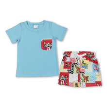 Load image into Gallery viewer, Blue pocket top toy pig patchwork shorts boys outfits