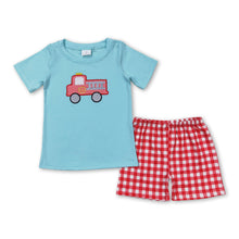 Load image into Gallery viewer, Fire truck top plaid shorts boys summer clothes