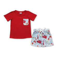 Load image into Gallery viewer, Red fire truck pocket top shorts boys summer outfits