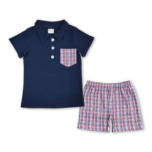 Load image into Gallery viewer, Navy polo shirt plaid shorts boys 4th of july outifts
