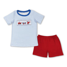 Load image into Gallery viewer, Blue stripe transportation shirt red shorts boys clothes