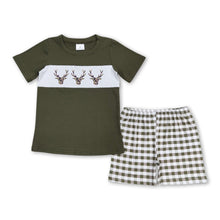 Load image into Gallery viewer, Olive deer top plaid shorts boys clothing set