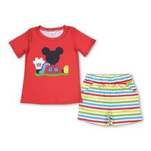 Load image into Gallery viewer, Red mouse top colorful stripe shorts boys summer set