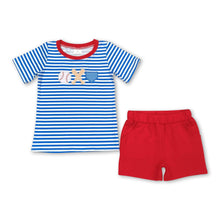 Load image into Gallery viewer, Blue Stripe baseball top red shorts boys clothes