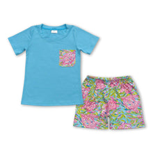 Load image into Gallery viewer, Blue pocket watercolor turtle shorts boys summer outfits