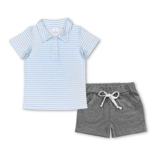 Load image into Gallery viewer, Light blue stripe polo shirt grey shorts boys clothing set