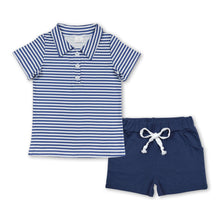 Load image into Gallery viewer, Navy stripe polo shirt cotton shorts boys clothing set
