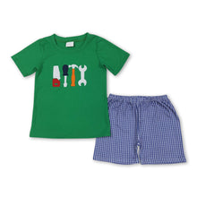 Load image into Gallery viewer, Green short sleeves tool top plaid shorts boys clothes
