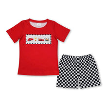 Load image into Gallery viewer, Red cars top black plaid shorts boys clothes