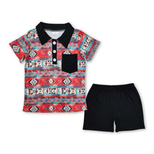 Load image into Gallery viewer, Black pocket aztec polo shirt shorts western boys outfits