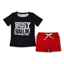 Load image into Gallery viewer, Black busy ballin baseball top red shorts boys clothes