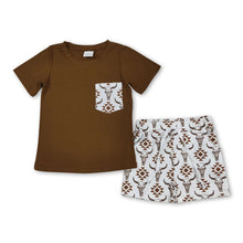 Load image into Gallery viewer, Brown pocket top aztec bull skull shorts western boys clothes