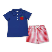 Load image into Gallery viewer, Blue apple polo shirt plaid shorts boys back to school outfits
