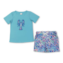 Load image into Gallery viewer, Light blue crawfish watercolor seaweed boys clothes