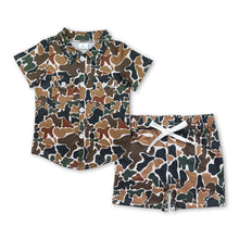 Load image into Gallery viewer, Brown camo pockets button down shirt shorts boys clothes
