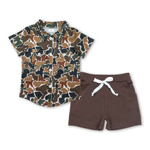 Load image into Gallery viewer, Camo pockets button down top brown shorts boys set
