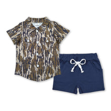 Load image into Gallery viewer, Camo button down top navy shorts boys set