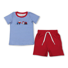 Load image into Gallery viewer, Blue stripe baseball constructions top short boys outfits